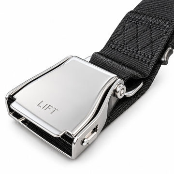 GymPin Seat Belt lift-release buckle with reinforced stitching on the black webbing strap.