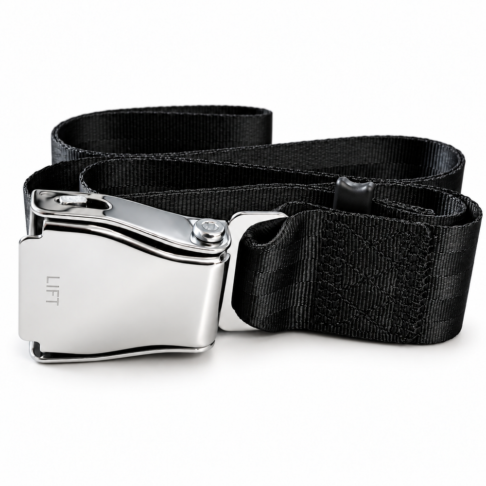 GymPin Seat Belt with engraved LIFT chrome clasp and black reinforced webbing, professional studio shot on white.