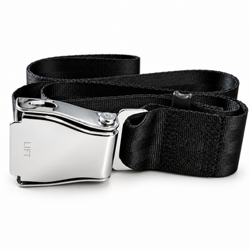 GymPin Seat Belt with engraved LIFT chrome clasp and black reinforced webbing, professional studio shot on white.
