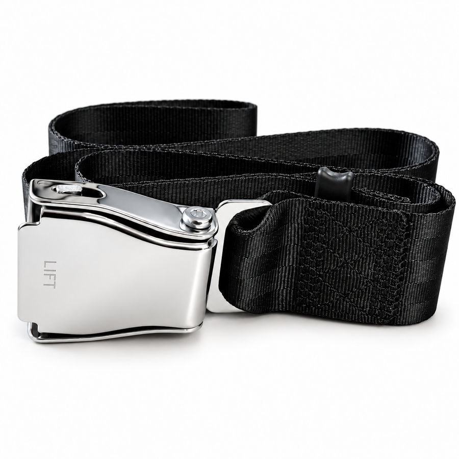 GymPin Seat Belt with engraved LIFT chrome clasp and black reinforced webbing, professional studio shot on white.