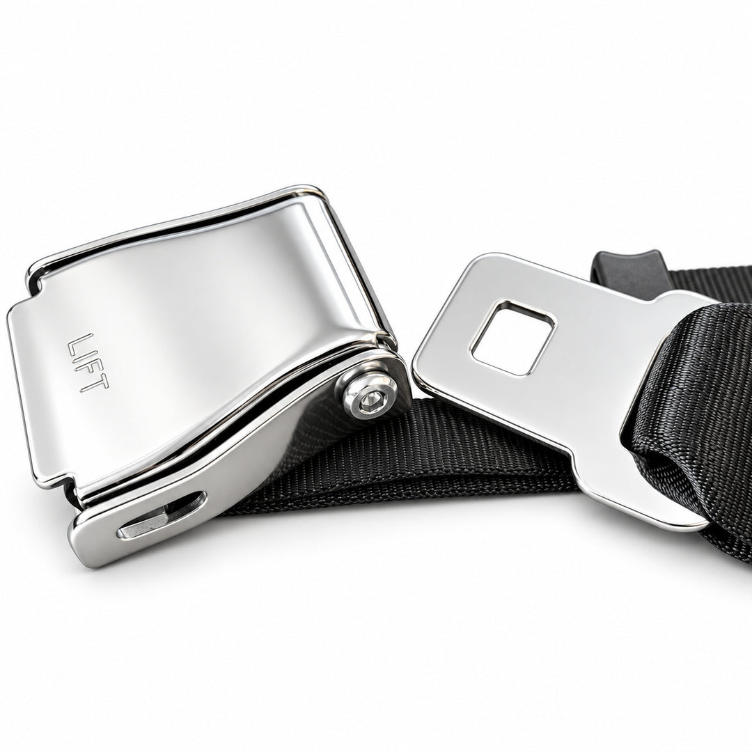 GymPin Seat Belt unfastened chrome buckle and separate metal tongue with black webbing.