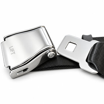 GymPin Seat Belt unfastened chrome buckle and separate metal tongue with black webbing.