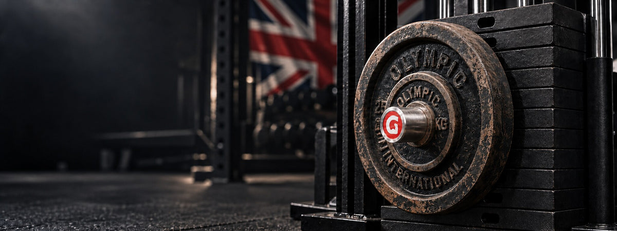 GymPin installed on a weight-stack machine with a subtle United Kingdom flag, desktop homepage hero