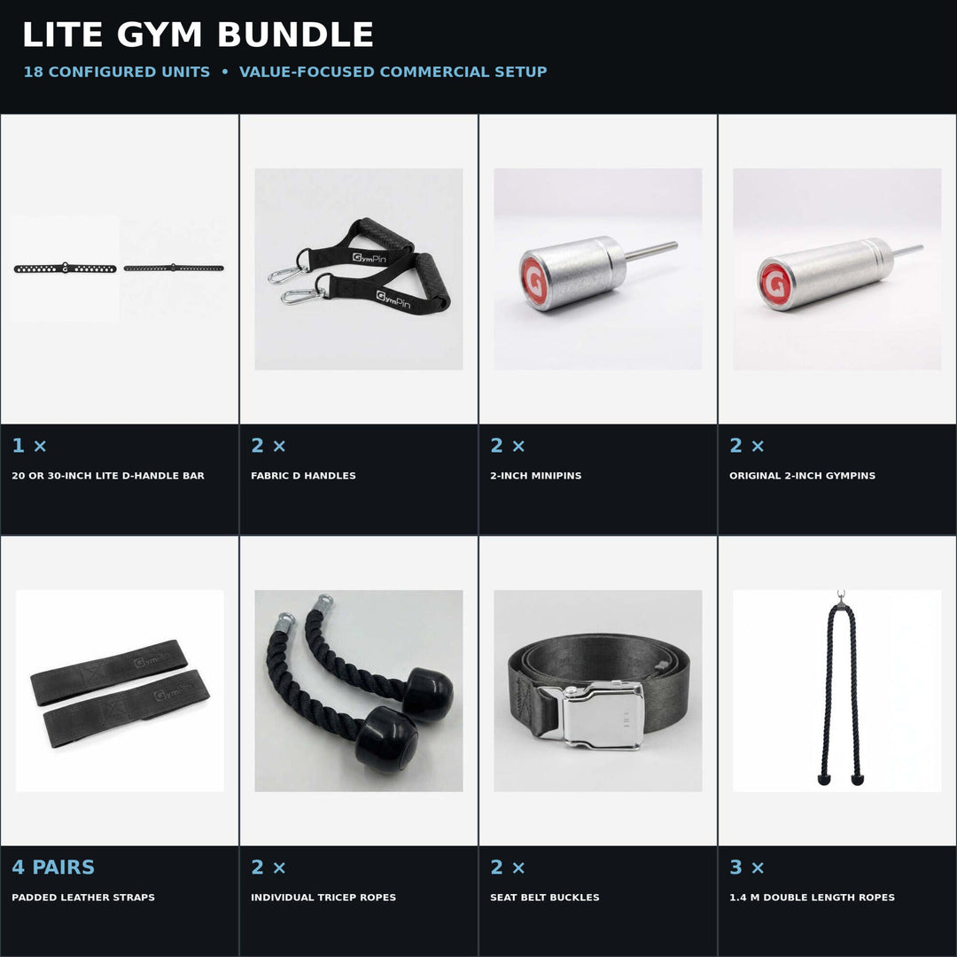 Lite Gym Bundle exact product collage showing 18 configured commercial units