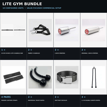 Lite Gym Bundle exact product collage showing 18 configured commercial units