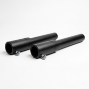 Two black metal tubes external Gympin Machine Extenders with adjustable knobs on a white background