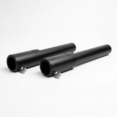 Two black metal tubes external Gympin Machine Extenders with adjustable knobs on a white background