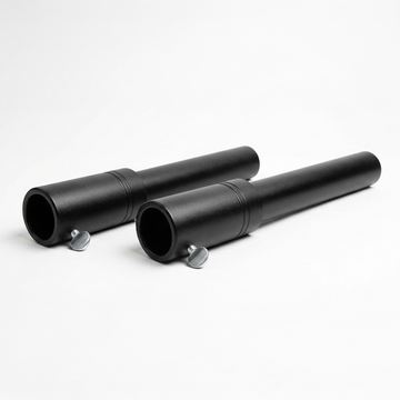 Two black metal tubes external Gympin Machine Extenders with adjustable knobs on a white background