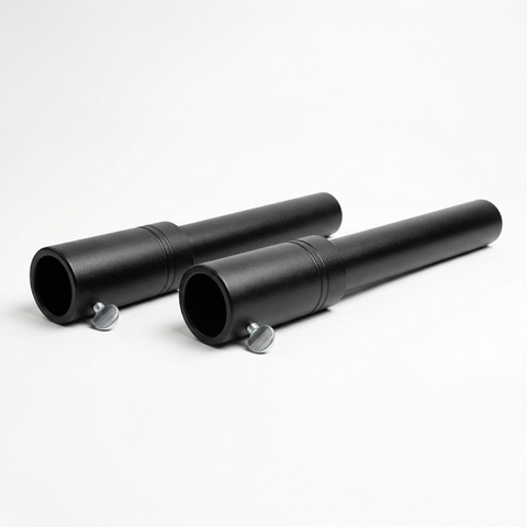 Two black metal tubes external Gympin Machine Extenders with adjustable knobs on a white background