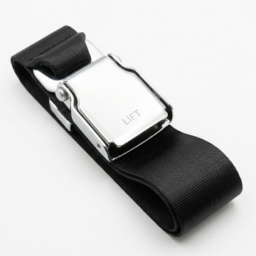 Black belt with a silver buckle on a white background