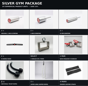 Silver Gym Package exact product collage including the original GymPin Quick Release D Handles