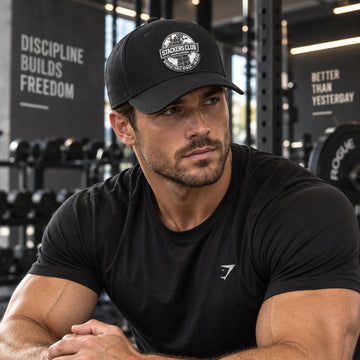 Male gym athlete wearing Stackers Club black training cap