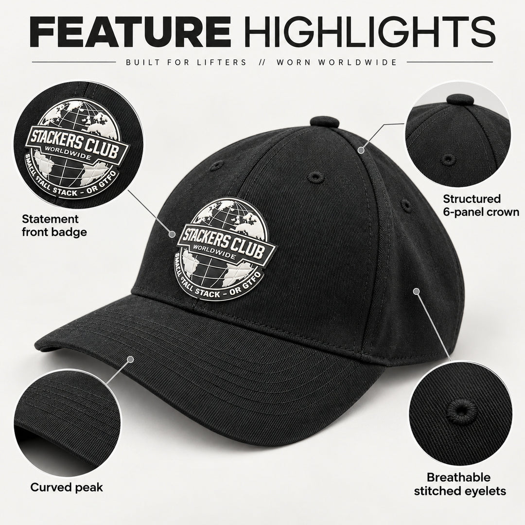 Stackers Club black baseball cap six panel crown curved peak and stitched eyelets