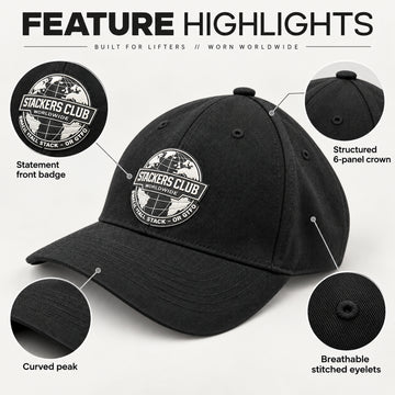 Stackers Club black baseball cap six panel crown curved peak and stitched eyelets