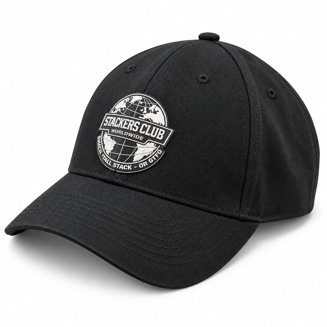 Stackers Club Worldwide black baseball cap with front globe badge