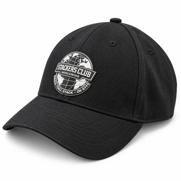 Stackers Club Worldwide black baseball cap with front globe badge