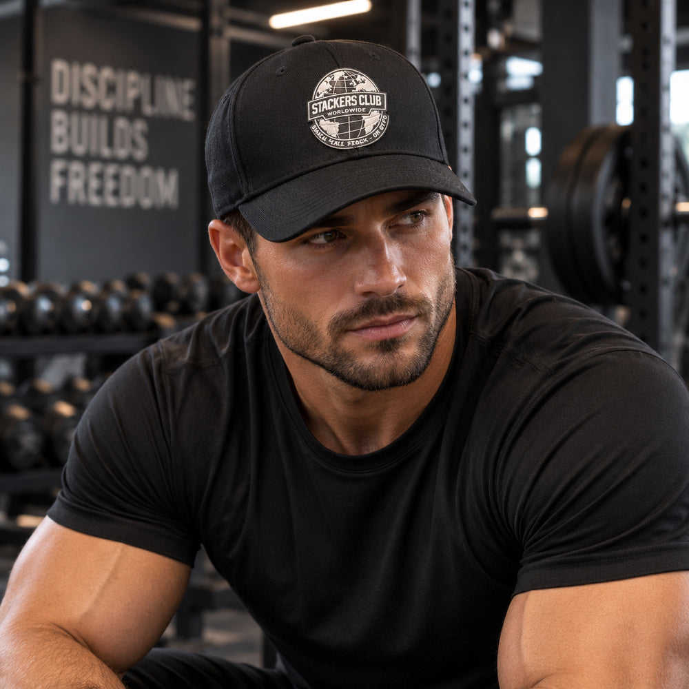 Athlete wearing black Stackers Club baseball cap in gym