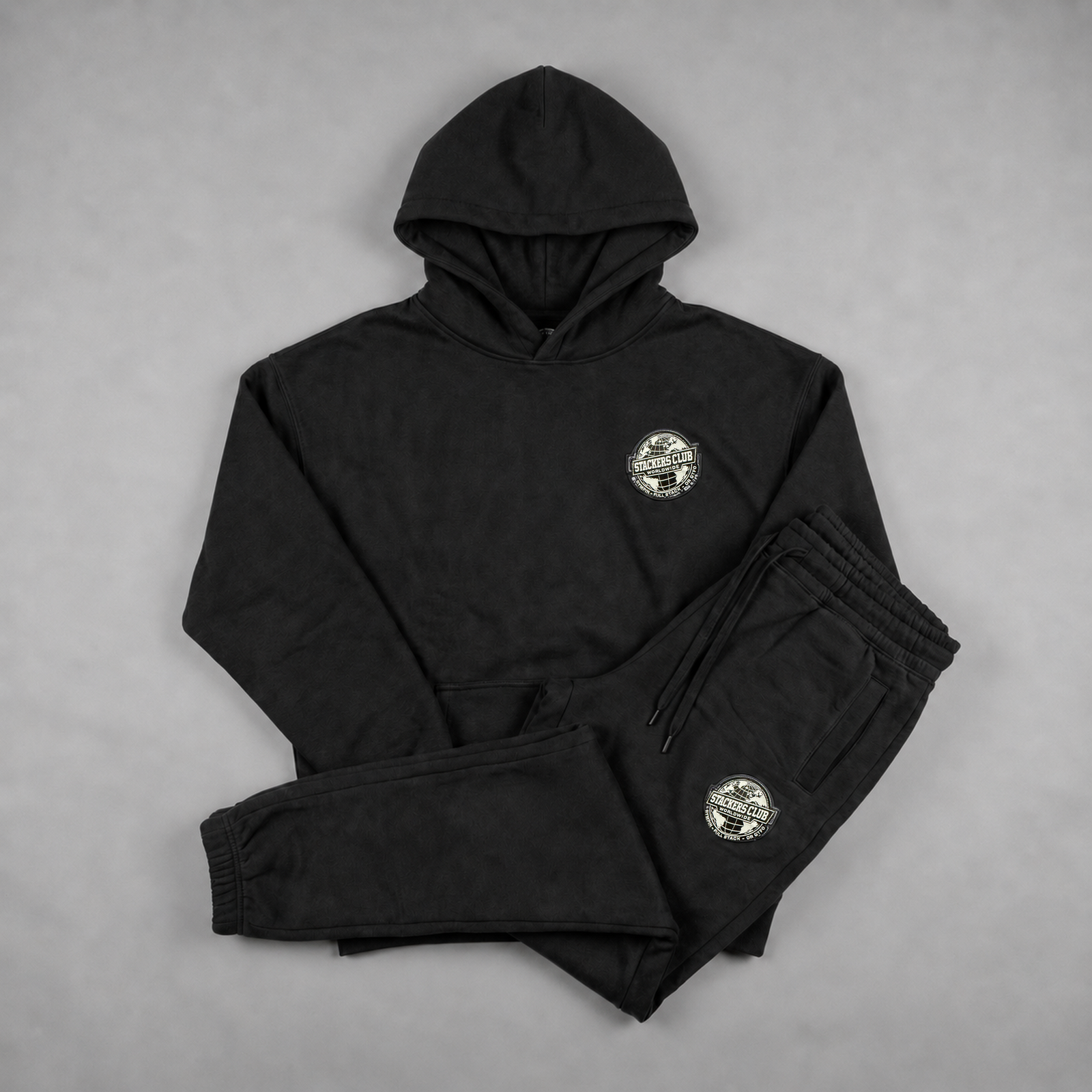 Black STACKERS CLUB Hoodie and Joggers Full Set flat lay