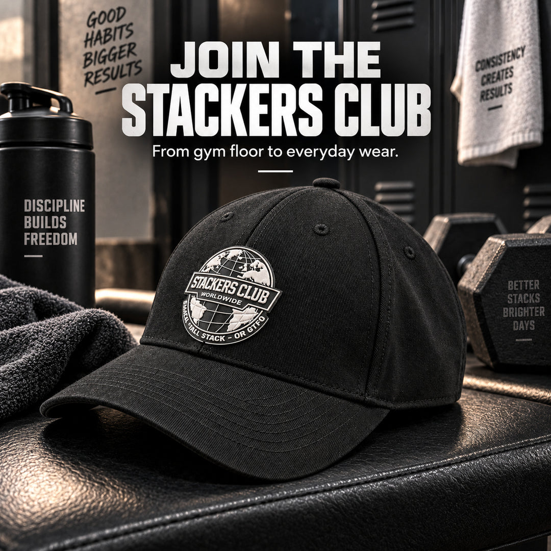 Black Stackers Club baseball cap on gym bench