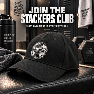 Black Stackers Club baseball cap on gym bench