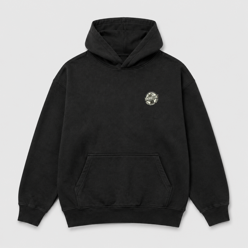 Black STACKERS CLUB gym hoodie with woven chest badge