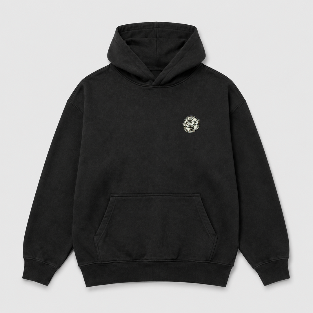 Black STACKERS CLUB gym hoodie with woven chest badge