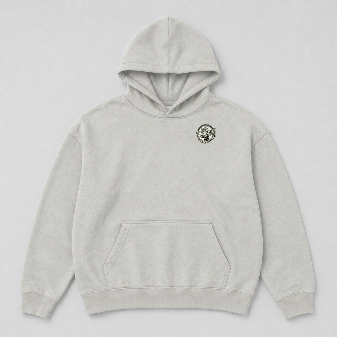 Light grey STACKERS CLUB gym hoodie with woven chest badge