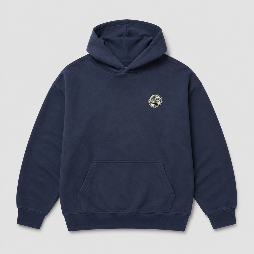 Navy STACKERS CLUB gym hoodie with woven chest badge