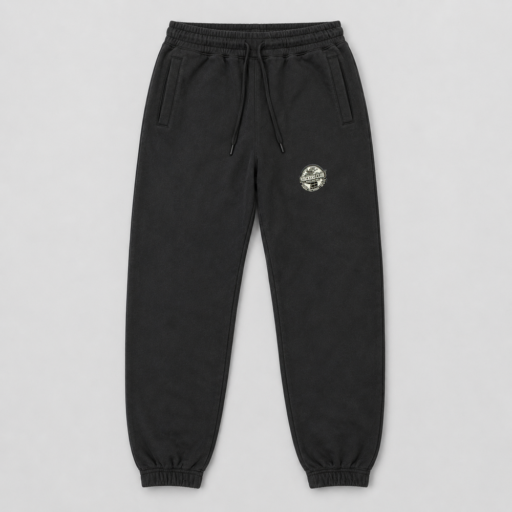 Black STACKERS CLUB gym joggers with woven thigh badge