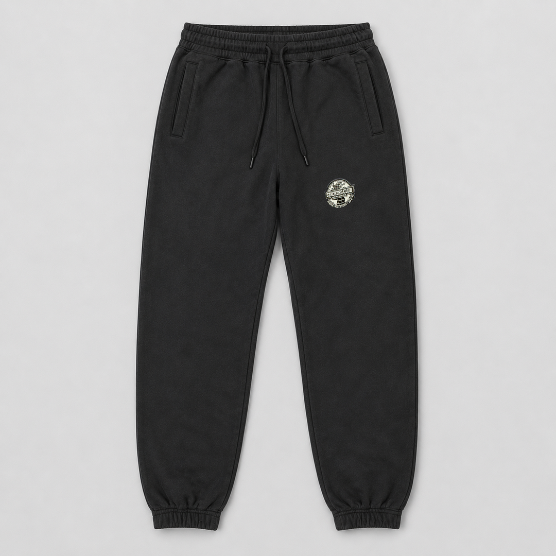 Black STACKERS CLUB gym joggers with woven thigh badge