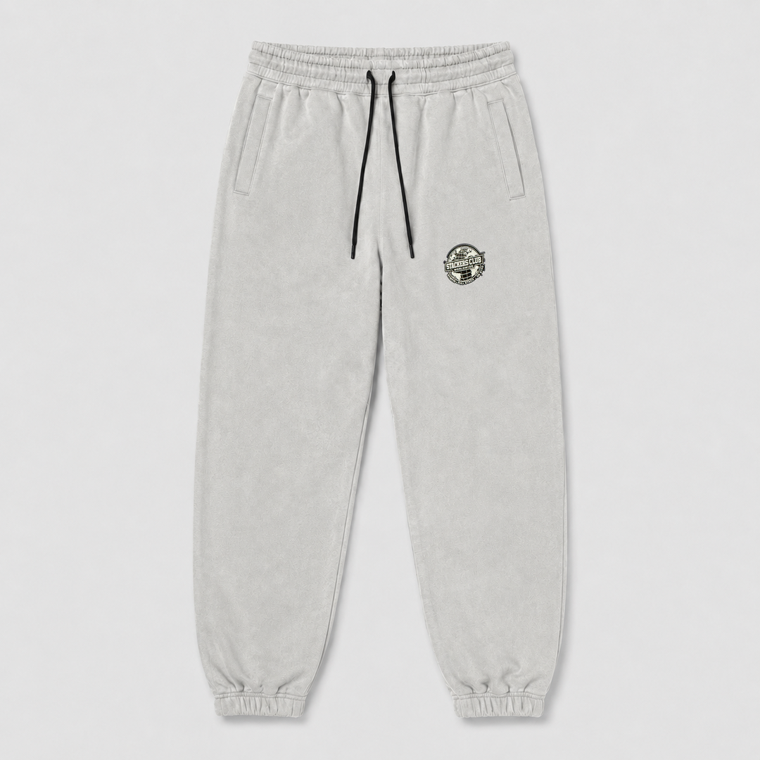 Light grey STACKERS CLUB gym joggers with woven thigh badge