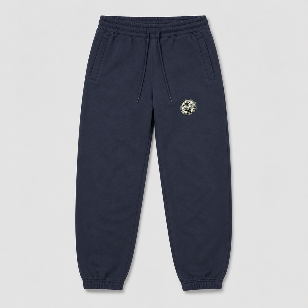 Navy STACKERS CLUB gym joggers with woven thigh badge