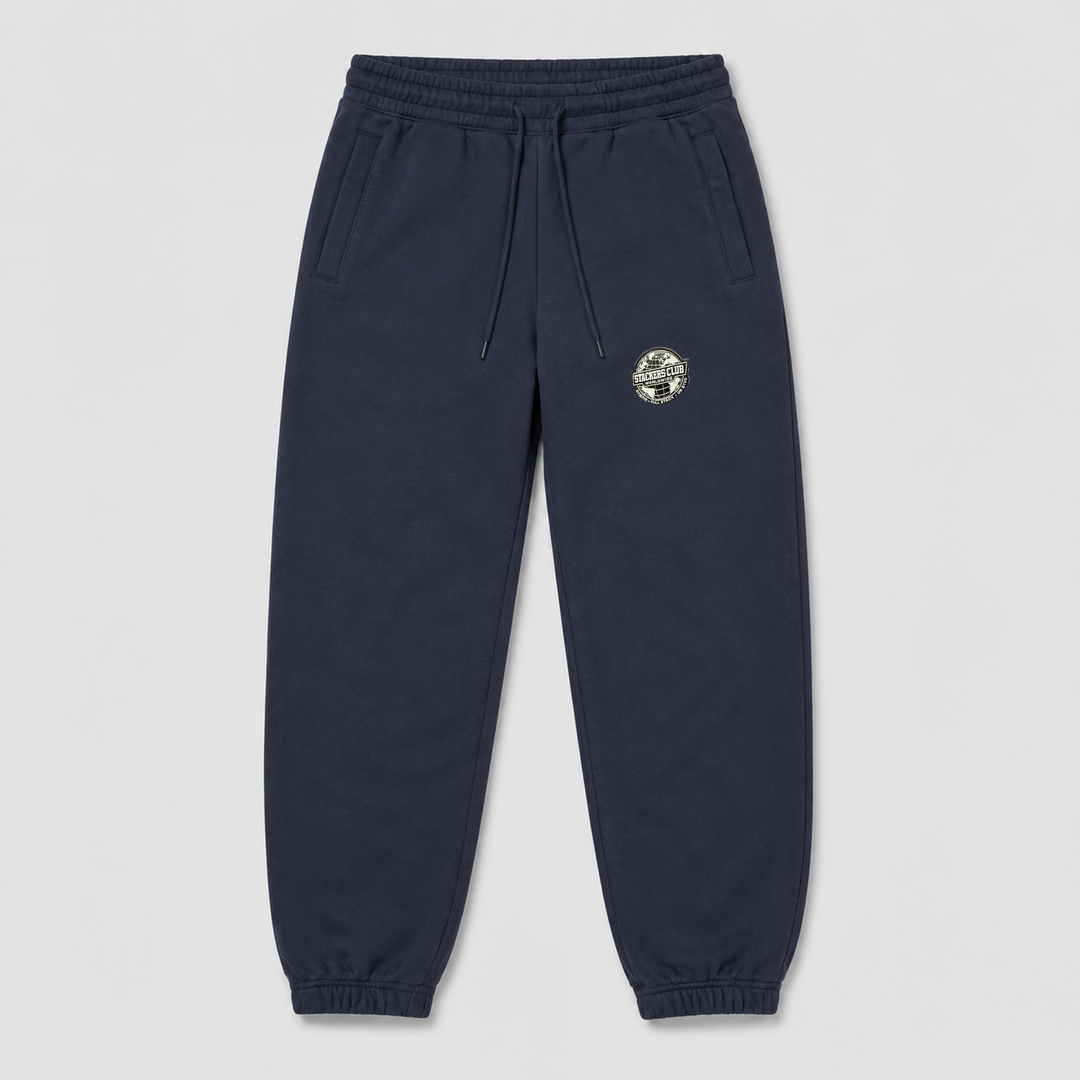Navy STACKERS CLUB gym joggers with woven thigh badge