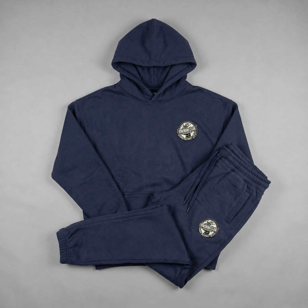 Navy STACKERS CLUB hoodie and joggers matching set