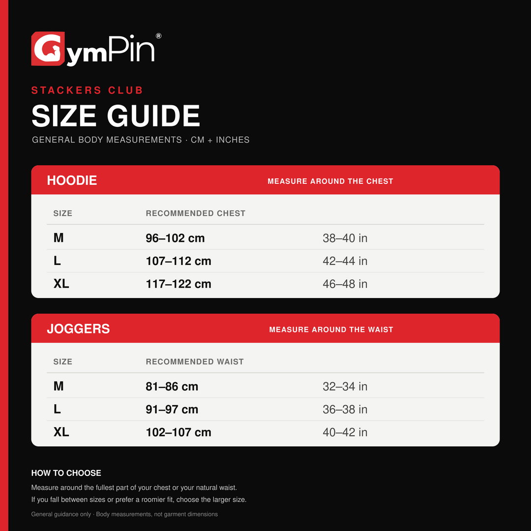 STACKERS CLUB general body measurement size guide for hoodies and joggers