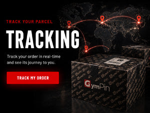 Tracking graphic for GymPin parcels with large white 'TRACKING' text, red 'TRACK MY ORDER' button, and two black patterned boxes on a dark background with red location-dot lines over a world map.
